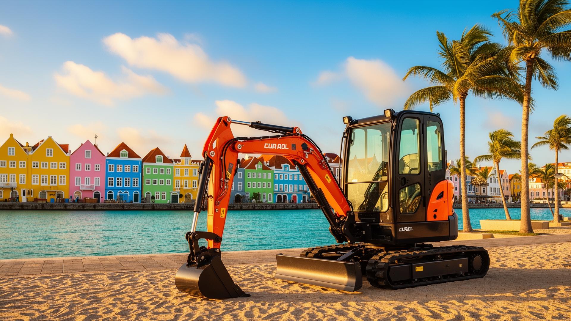 New compact excavator on the Curaçao waterfront with palm trees and Willemstad colonial buildings